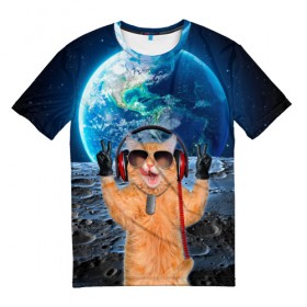 Мужская футболка 3D с принтом Кот на луне в Санкт-Петербурге, 100% полиэфир | прямой крой, круглый вырез горловины, длина до линии бедер | cat | астрономия | в космосе | в наушниках | в очках | грозовой кошак | животные | звезды | земля | илон маск | космическая | космонавт | космос | кот | котейка | котики | луна | луноход | на фоне земли