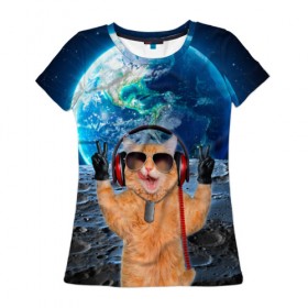 Женская футболка 3D с принтом Кот на луне в Санкт-Петербурге, 100% полиэфир ( синтетическое хлопкоподобное полотно) | прямой крой, круглый вырез горловины, длина до линии бедер | cat | астрономия | в космосе | в наушниках | в очках | грозовой кошак | животные | звезды | земля | илон маск | космическая | космонавт | космос | кот | котейка | котики | луна | луноход | на фоне земли