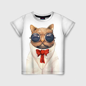 Детская футболка 3D с принтом Кот в Санкт-Петербурге, 100% гипоаллергенный полиэфир | прямой крой, круглый вырез горловины, длина до линии бедер, чуть спущенное плечо, ткань немного тянется | Тематика изображения на принте: бабочка | в очках | киса | киска | костюм | котейка | котенок | котэ | котя | кошка | крутой | модный | стиль | ученый