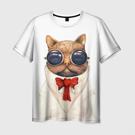 Мужская футболка 3D с принтом Кот в Санкт-Петербурге, 100% полиэфир | прямой крой, круглый вырез горловины, длина до линии бедер | Тематика изображения на принте: бабочка | в очках | киса | киска | костюм | котейка | котенок | котэ | котя | кошка | крутой | модный | стиль | ученый