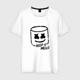 Мужская футболка хлопок с принтом Keep It Mello в Санкт-Петербурге, 100% хлопок | прямой крой, круглый вырез горловины, длина до линии бедер, слегка спущенное плечо. | Тематика изображения на принте: marshmallow | marshmello | диджей | маршмэллоу | музыка