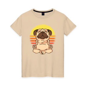 Женская футболка хлопок с принтом Мопс Йога в Санкт-Петербурге, 100% хлопок | прямой крой, круглый вырез горловины, длина до линии бедер, слегка спущенное плечо | dog | pug | yoga | йога | медитация | мопс | мопсы | собака | собаки | фитнес