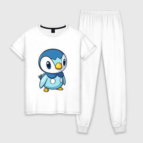 Женская пижама хлопок с принтом Piplup в Санкт-Петербурге, 100% хлопок | брюки и футболка прямого кроя, без карманов, на брюках мягкая резинка на поясе и по низу штанин | piplup | пингвин | пингвиненок | пиплуп | покемон | покемоны | синий