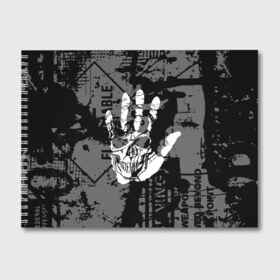 Альбом для рисования с принтом Stop в Санкт-Петербурге, 100% бумага
 | матовая бумага, плотность 200 мг. | black | caution | gray | halloween | hand | skeleton | skull | stop | white | белый | предупреждение | рука | серый | скелет | хэллоуин | череп | черный