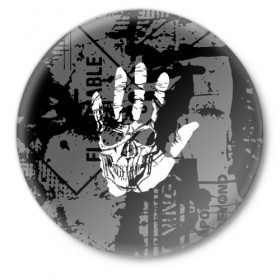 Значок с принтом Stop в Санкт-Петербурге,  металл | круглая форма, металлическая застежка в виде булавки | black | caution | gray | halloween | hand | skeleton | skull | stop | white | белый | предупреждение | рука | серый | скелет | хэллоуин | череп | черный