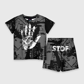 Детский костюм с шортами 3D с принтом Stop Covid 19 в Санкт-Петербурге,  |  | black | caution | gray | halloween | hand | skeleton | skull | stop | white | белый | предупреждение | рука | серый | скелет | хэллоуин | череп | черный