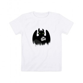Детская футболка хлопок с принтом Toothless в Санкт-Петербурге, 100% хлопок | круглый вырез горловины, полуприлегающий силуэт, длина до линии бедер | беззубик | взгляд | горы | дракон | как приручить дракона | лес | луна | мульт | силуэт | тень | фурия