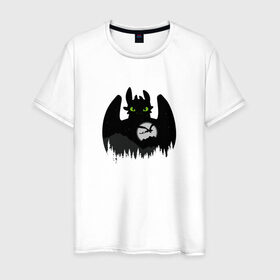 Мужская футболка хлопок с принтом Toothless в Санкт-Петербурге, 100% хлопок | прямой крой, круглый вырез горловины, длина до линии бедер, слегка спущенное плечо. | беззубик | взгляд | горы | дракон | как приручить дракона | лес | луна | мульт | силуэт | тень | фурия
