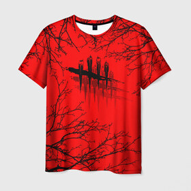 Мужская футболка 3D с принтом Dead by Daylight в Санкт-Петербурге, 100% полиэфир | прямой крой, круглый вырез горловины, длина до линии бедер | dead by daylight | ветки | деад бай деад лайт | деревья | жуть | игра | компьютерная игра | красный | красный и черный | кровь | ужасы | черный