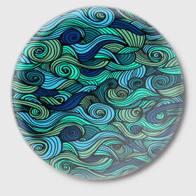 Значок с принтом Морская пучина в Санкт-Петербурге,  металл | круглая форма, металлическая застежка в виде булавки | абстракция | волны | зеленый | круг | линии | море | полосы | синий
