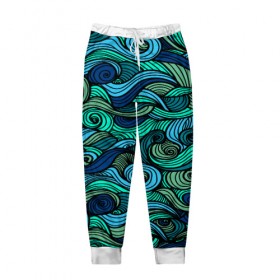 Мужские брюки 3D с принтом Морская пучина в Санкт-Петербурге, 100% полиэстер | манжеты по низу, эластичный пояс регулируется шнурком, по бокам два кармана без застежек, внутренняя часть кармана из мелкой сетки | абстракция | волны | зеленый | круг | линии | море | полосы | синий