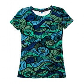 Женская футболка 3D с принтом Морская пучина в Санкт-Петербурге, 100% полиэфир ( синтетическое хлопкоподобное полотно) | прямой крой, круглый вырез горловины, длина до линии бедер | абстракция | волны | зеленый | круг | линии | море | полосы | синий