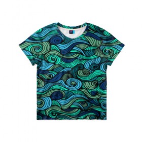 Детская футболка 3D с принтом Морская пучина в Санкт-Петербурге, 100% гипоаллергенный полиэфир | прямой крой, круглый вырез горловины, длина до линии бедер, чуть спущенное плечо, ткань немного тянется | абстракция | волны | зеленый | круг | линии | море | полосы | синий