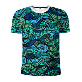 Мужская футболка 3D спортивная с принтом Морская пучина в Санкт-Петербурге, 100% полиэстер с улучшенными характеристиками | приталенный силуэт, круглая горловина, широкие плечи, сужается к линии бедра | абстракция | волны | зеленый | круг | линии | море | полосы | синий