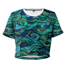 Женская футболка 3D укороченная с принтом Морская пучина в Санкт-Петербурге, 100% полиэстер | круглая горловина, длина футболки до линии талии, рукава с отворотами | абстракция | волны | зеленый | круг | линии | море | полосы | синий