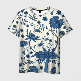 Мужская футболка 3D с принтом Цветочная фантазия в Санкт-Петербурге, 100% полиэфир | прямой крой, круглый вырез горловины, длина до линии бедер | белый | листья | отпуск | природа | синий | цветы