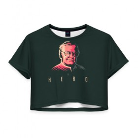 Женская футболка 3D укороченная с принтом Stan Lee The hero в Санкт-Петербурге, 100% полиэстер | круглая горловина, длина футболки до линии талии, рукава с отворотами | Тематика изображения на принте: lee | stan | stan lee | стен | стен ли