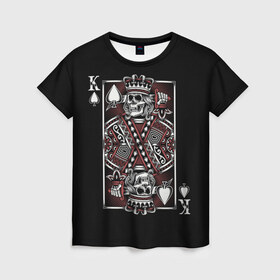 Женская футболка 3D с принтом Король пик в Санкт-Петербурге, 100% полиэфир ( синтетическое хлопкоподобное полотно) | прямой крой, круглый вырез горловины, длина до линии бедер | Тематика изображения на принте: game | king | poker | spades | suit | графика | игра | игральная | иллюстрация | казино | карта | картинка | коллаж | король | корона | мантия | масть | мода | орнамент | пики | покер | разбросаны | рисунок | символ