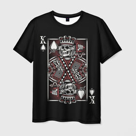 Мужская футболка 3D с принтом Король пик в Санкт-Петербурге, 100% полиэфир | прямой крой, круглый вырез горловины, длина до линии бедер | game | king | poker | spades | suit | графика | игра | игральная | иллюстрация | казино | карта | картинка | коллаж | король | корона | мантия | масть | мода | орнамент | пики | покер | разбросаны | рисунок | символ