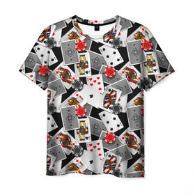 Мужская футболка 3D с принтом Игральные карты в Санкт-Петербурге, 100% полиэфир | прямой крой, круглый вырез горловины, длина до линии бедер | буны | вольты | графика | дамы | десятки | игра | игральные | иллюстрация | казино | картинка | карты | коллаж | короли | красные | крести | масть | мода | орнамент | пики | покер | разбросаны | рисунок