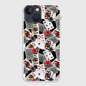 Чехол для iPhone 13 mini с принтом Игральные карты в Санкт-Петербурге,  |  | Тематика изображения на принте: буны | вольты | графика | дамы | десятки | игра | игральные | иллюстрация | казино | картинка | карты | коллаж | короли | красные | крести | масть | мода | орнамент | пики | покер | разбросаны | рисунок