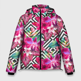 Мужская зимняя куртка 3D с принтом Тропические цветы в Санкт-Петербурге, верх — 100% полиэстер; подкладка — 100% полиэстер; утеплитель — 100% полиэстер | длина ниже бедра, свободный силуэт Оверсайз. Есть воротник-стойка, отстегивающийся капюшон и ветрозащитная планка. 

Боковые карманы с листочкой на кнопках и внутренний карман на молнии. | big | арт | крупные арты | крупные принты | сумаcшедшие арты