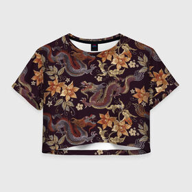 Женская футболка Cropp-top с принтом Японские драконы в Санкт-Петербурге, 100% полиэстер | круглая горловина, длина футболки до линии талии, рукава с отворотами | big | арт | крупные арты | крупные принты | сумаcшедшие арты
