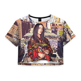 Женская футболка 3D укороченная с принтом Billie Eilish в Санкт-Петербурге, 100% полиэстер | круглая горловина, длина футболки до линии талии, рукава с отворотами | билли айлиш | певица