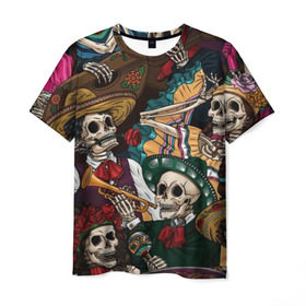 Мужская футболка 3D с принтом Мексиканская Вечеринка в Санкт-Петербурге, 100% полиэфир | прямой крой, круглый вырез горловины, длина до линии бедер | party | амиго | маракасы | мексика | мехико | скелет | сомбреро | текила | черепа