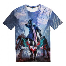 Мужская футболка 3D с принтом Devil May Cry 5 в Санкт-Петербурге, 100% полиэфир | прямой крой, круглый вырез горловины, длина до линии бедер | capcom | demon | devil | devil may cry | dmc | game | город | демон | демоны | демоны тоже плачут | игра | меч | слэшер | человек