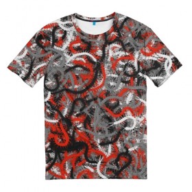 Мужская футболка 3D с принтом Сколопендры в Санкт-Петербурге, 100% полиэфир | прямой крой, круглый вырез горловины, длина до линии бедер | камуфляж | красный | лапки | милитари | многоножка | насекомые | орнжевый | паттрен | серый | сороконожка | узор