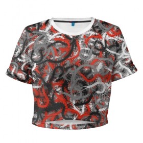 Женская футболка 3D укороченная с принтом Сколопендры в Санкт-Петербурге, 100% полиэстер | круглая горловина, длина футболки до линии талии, рукава с отворотами | камуфляж | красный | лапки | милитари | многоножка | насекомые | орнжевый | паттрен | серый | сороконожка | узор