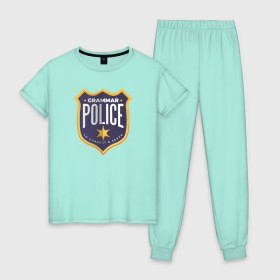 Женская пижама хлопок с принтом Полиция Грамматики в Санкт-Петербурге, 100% хлопок | брюки и футболка прямого кроя, без карманов, на брюках мягкая резинка на поясе и по низу штанин | 