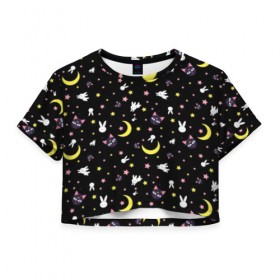Женская футболка 3D укороченная с принтом Sailor Moon Pattern в Санкт-Петербурге, 100% полиэстер | круглая горловина, длина футболки до линии талии, рукава с отворотами | аниме | детский | зайчик | зая | звезды | кролик | луна в матроске | матросска | месяц | милота | милый | небо | паттерн | сейлор мун | черный