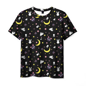 Мужская футболка 3D с принтом Sailor Moon Pattern в Санкт-Петербурге, 100% полиэфир | прямой крой, круглый вырез горловины, длина до линии бедер | аниме | детский | зайчик | зая | звезды | кролик | луна в матроске | матросска | месяц | милота | милый | небо | паттерн | сейлор мун | черный