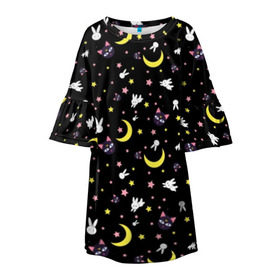 Детское платье 3D с принтом Sailor Moon Pattern в Санкт-Петербурге, 100% полиэстер | прямой силуэт, чуть расширенный к низу. Круглая горловина, на рукавах — воланы | аниме | детский | зайчик | зая | звезды | кролик | луна в матроске | матросска | месяц | милота | милый | небо | паттерн | сейлор мун | черный