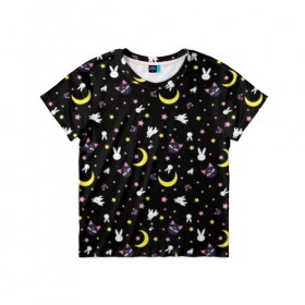 Детская футболка 3D с принтом Sailor Moon Pattern в Санкт-Петербурге, 100% гипоаллергенный полиэфир | прямой крой, круглый вырез горловины, длина до линии бедер, чуть спущенное плечо, ткань немного тянется | Тематика изображения на принте: аниме | детский | зайчик | зая | звезды | кролик | луна в матроске | матросска | месяц | милота | милый | небо | паттерн | сейлор мун | черный