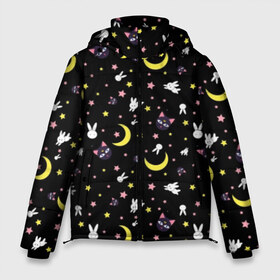 Мужская зимняя куртка 3D с принтом Sailor Moon Pattern в Санкт-Петербурге, верх — 100% полиэстер; подкладка — 100% полиэстер; утеплитель — 100% полиэстер | длина ниже бедра, свободный силуэт Оверсайз. Есть воротник-стойка, отстегивающийся капюшон и ветрозащитная планка. 

Боковые карманы с листочкой на кнопках и внутренний карман на молнии. | Тематика изображения на принте: аниме | детский | зайчик | зая | звезды | кролик | луна в матроске | матросска | месяц | милота | милый | небо | паттерн | сейлор мун | черный