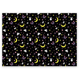 Поздравительная открытка с принтом Sailor Moon Pattern в Санкт-Петербурге, 100% бумага | плотность бумаги 280 г/м2, матовая, на обратной стороне линовка и место для марки
 | аниме | детский | зайчик | зая | звезды | кролик | луна в матроске | матросска | месяц | милота | милый | небо | паттерн | сейлор мун | черный