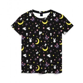 Женская футболка 3D с принтом Sailor Moon Pattern в Санкт-Петербурге, 100% полиэфир ( синтетическое хлопкоподобное полотно) | прямой крой, круглый вырез горловины, длина до линии бедер | аниме | детский | зайчик | зая | звезды | кролик | луна в матроске | матросска | месяц | милота | милый | небо | паттерн | сейлор мун | черный