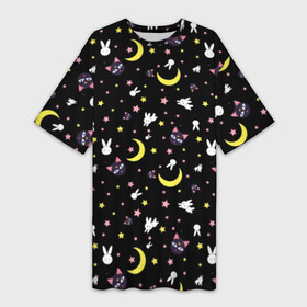 Платье-футболка 3D с принтом Sailor Moon Pattern в Санкт-Петербурге,  |  | аниме | детский | зайчик | зая | звезды | кролик | луна в матроске | матросска | месяц | милота | милый | небо | паттерн | сейлор мун | черный