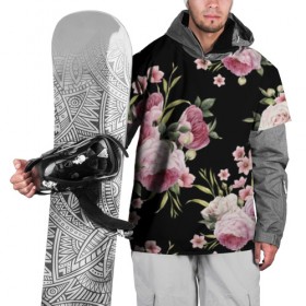 Накидка на куртку 3D с принтом Пионы на Чёрном в Санкт-Петербурге, 100% полиэстер |  | букет | бутон | весна | красивый | лето | листья | пион | прекрасный | роза | розочка | цветок | цветы