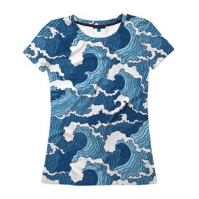 Женская футболка 3D с принтом Морские волны в Санкт-Петербурге, 100% полиэфир ( синтетическое хлопкоподобное полотно) | прямой крой, круглый вырез горловины, длина до линии бедер | background | blue | drawing | element | fashion | foam | graphics | illustration | ocean | picture | sea | storm | style | water | waves | wind | ветер | вода | волны | графика | иллюстрация | картинка | мода | море | морские | океан | пена | ри