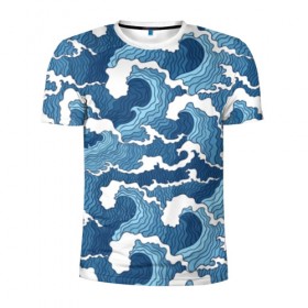 Мужская футболка 3D спортивная с принтом Морские волны в Санкт-Петербурге, 100% полиэстер с улучшенными характеристиками | приталенный силуэт, круглая горловина, широкие плечи, сужается к линии бедра | Тематика изображения на принте: background | blue | drawing | element | fashion | foam | graphics | illustration | ocean | picture | sea | storm | style | water | waves | wind | ветер | вода | волны | графика | иллюстрация | картинка | мода | море | морские | океан | пена | ри