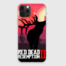 Чехол для iPhone 12 Pro с принтом RDR II в Санкт-Петербурге, силикон | область печати: задняя сторона чехла, без боковых панелей | Тематика изображения на принте: gta | rdr 2 | red dead redemption 2 | west | дикий запад | добыча | закат солнца | игра | кактусы | каньон | квест | легендарный олень в rdr 2 | новинки игр | рога оленя