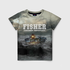 Детская футболка 3D с принтом Профессиональный рыбак в Санкт-Петербурге, 100% гипоаллергенный полиэфир | прямой крой, круглый вырез горловины, длина до линии бедер, чуть спущенное плечо, ткань немного тянется | Тематика изображения на принте: fish | fisher | fisherman | fishman | анорак | костюм для рыбалки | костюм рыбака | лодка | непогода | подарок рыбаку | профессиональный рыбак | рыба | рыбаку | рыбалка | рыбацкая | шторм | шхуна
