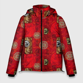 Мужская зимняя куртка 3D с принтом Китайский орнамент в Санкт-Петербурге, верх — 100% полиэстер; подкладка — 100% полиэстер; утеплитель — 100% полиэстер | длина ниже бедра, свободный силуэт Оверсайз. Есть воротник-стойка, отстегивающийся капюшон и ветрозащитная планка. 

Боковые карманы с листочкой на кнопках и внутренний карман на молнии. | Тематика изображения на принте: background | bamboo | bra | dragons | drawing | fashion | gold | illustration | pattern | picture | red | style | text | бамбук | блеск | блики | ветки | графика | драконы | золото | иероглифы | иллюстрация | картинка | китайский | красный | марки | мода 