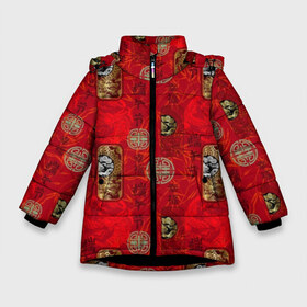Зимняя куртка для девочек 3D с принтом Китайский орнамент в Санкт-Петербурге, ткань верха — 100% полиэстер; подклад — 100% полиэстер, утеплитель — 100% полиэстер. | длина ниже бедра, удлиненная спинка, воротник стойка и отстегивающийся капюшон. Есть боковые карманы с листочкой на кнопках, утяжки по низу изделия и внутренний карман на молнии. 

Предусмотрены светоотражающий принт на спинке, радужный светоотражающий элемент на пуллере молнии и на резинке для утяжки. | background | bamboo | bra | dragons | drawing | fashion | gold | illustration | pattern | picture | red | style | text | бамбук | блеск | блики | ветки | графика | драконы | золото | иероглифы | иллюстрация | картинка | китайский | красный | марки | мода 