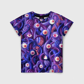 Детская футболка 3D с принтом Щупальца с глазами в Санкт-Петербурге, 100% гипоаллергенный полиэфир | прямой крой, круглый вырез горловины, длина до линии бедер, чуть спущенное плечо, ткань немного тянется | aliens | backgro | blue | cartoons | children | eyes | fashion | funny | monsters | purple | scary | style | весёлые | глаза | графика | детский | иллюстрация | инопланетяне | картинка | красные | мода | орнамент | персонажи | пришельцы | рисунок