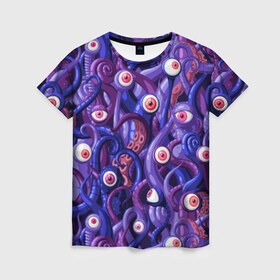 Женская футболка 3D с принтом Щупальца с глазами в Санкт-Петербурге, 100% полиэфир ( синтетическое хлопкоподобное полотно) | прямой крой, круглый вырез горловины, длина до линии бедер | aliens | backgro | blue | cartoons | children | eyes | fashion | funny | monsters | purple | scary | style | весёлые | глаза | графика | детский | иллюстрация | инопланетяне | картинка | красные | мода | орнамент | персонажи | пришельцы | рисунок